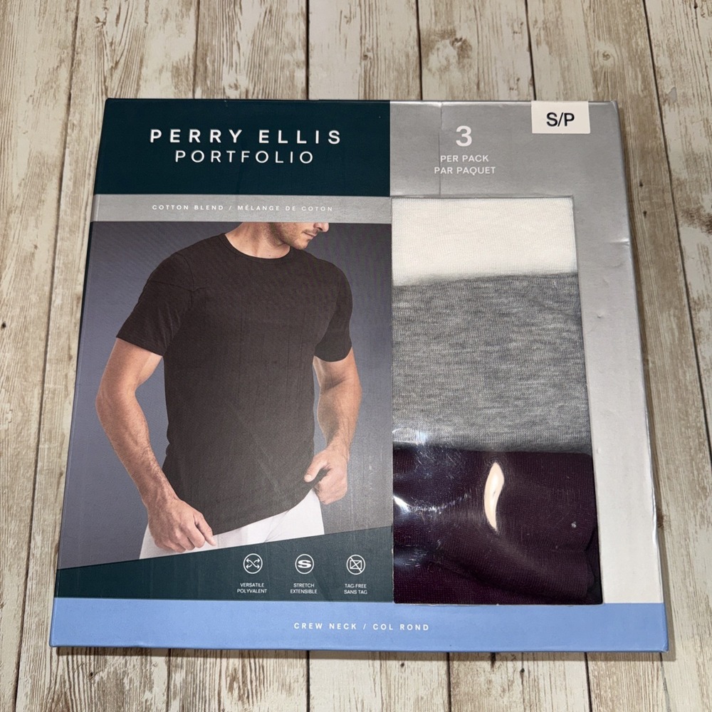 Perry‎ Ellis Portfolio Mens 3-Pack T-Shirts Crew Neck Cotton Blend Small (35-36)